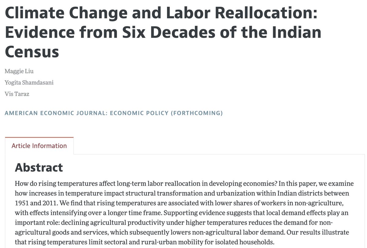 Alice Evans (@_alice_evans) on Twitter photo Higher temperatures in India lower yields and thereby lower demand for non-agricultural goods.
This keeps people trapped in low productivity agriculture, inhibiting structural transformation.
steg.cepr.org/sites/default/… hugely important paper by @liu_mag <a href="/yogitajs/">Yogita Shamdasani</a> & @vis_taraz Higher temperatures in India lower yields and thereby lower demand for non-agricultural goods.
This keeps people trapped in low productivity agriculture, inhibiting structural transformation.
steg.cepr.org/sites/default/… hugely important paper by @liu_mag <a href="/yogitajs/">Yogita Shamdasani</a> & @vis_taraz
