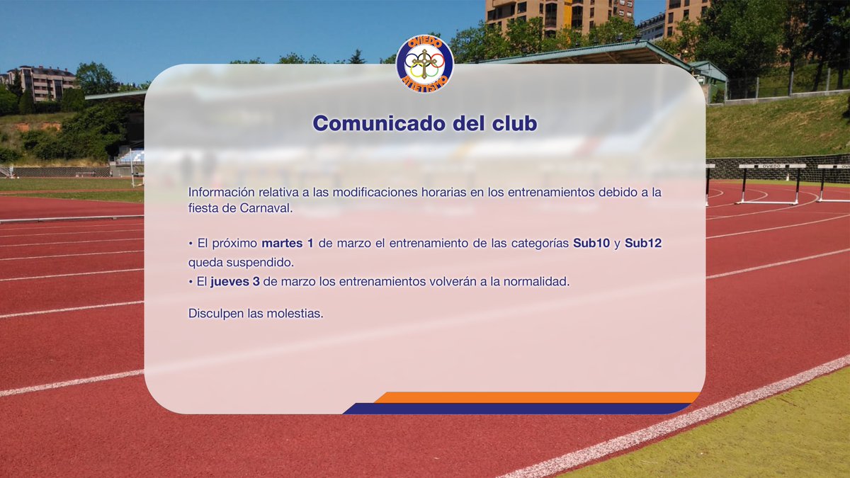 ✅ Os informamos de los cambios en los entrenamientos de cada categoría debido a la festividad de Carnaval.