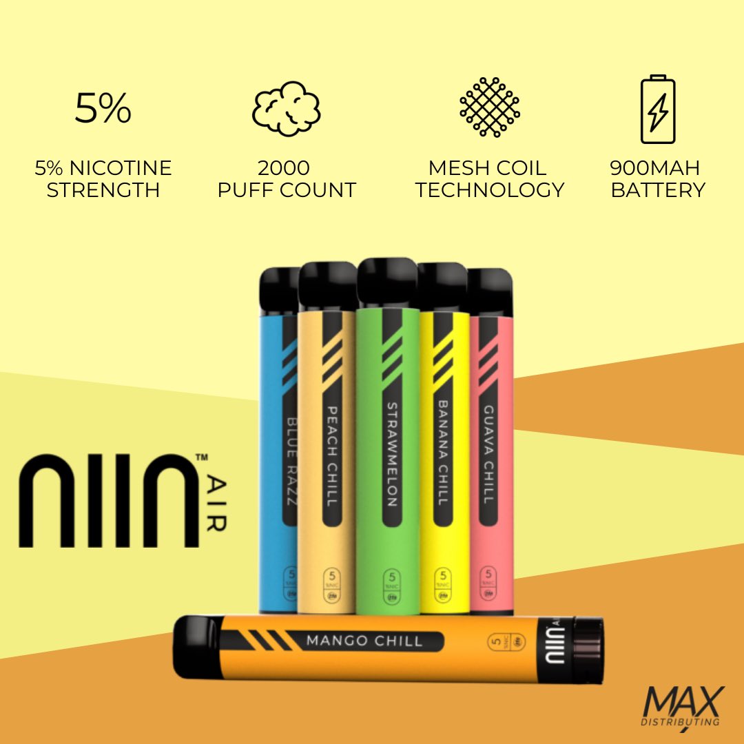 MaxDistributing's tweet image. THE NEW ERA OF VAPING IS HERE WITH NIIN AIR 💥 

Experience premium, industry-leading flavors, fully adjustable airflow, and 100% tobacco-free nicotine satisfaction with the all-new NIIN Air™ Disposables.

Sales@maxdelivers.com
(844) 297-2651