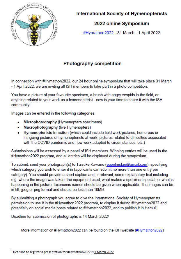 Hymenopterists's tweet photo. We are also announcing a photography competition for #hymathon2022, see attached file, the website, or contact @uro_della for categories and submission details.

https://t.co/aZEf9fqMAF https://t.co/OiyaFZ17l8