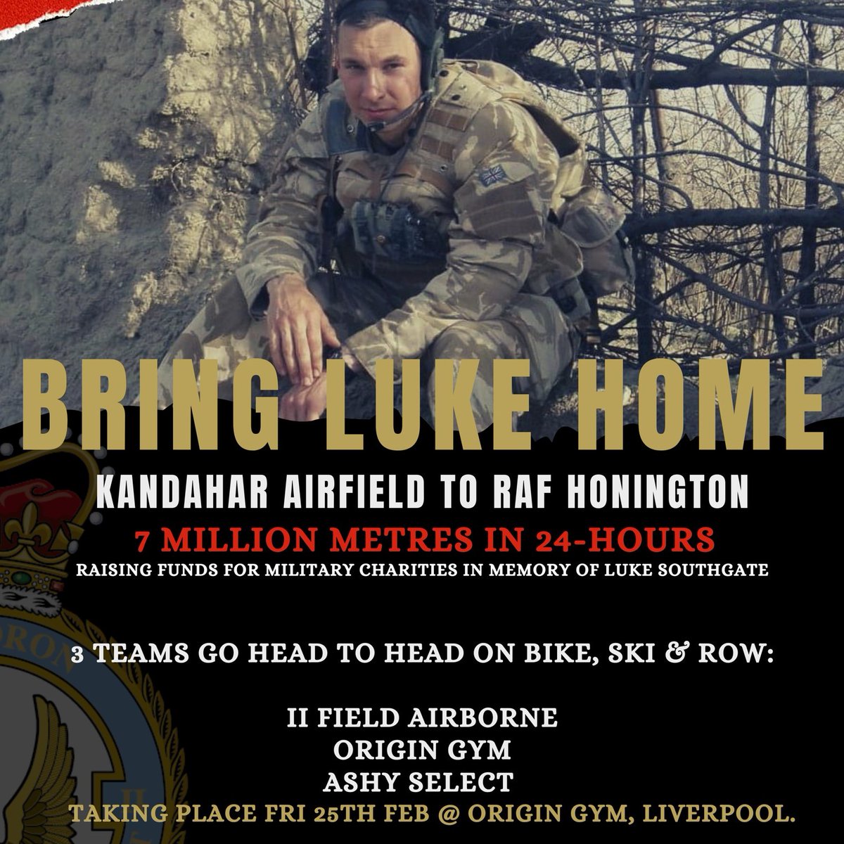 RAF__Police's tweet photo. The charity event ‘Bring Luke Home’ is taking place on 25 Feb where a team will be rowing, skiing and cycling 7 million metres: the same distance from RAF Honington to Afghanistan, raising money for Help for Heroes, RAFBF and The Centurion fund. https://t.co/Awq3qbgk4m