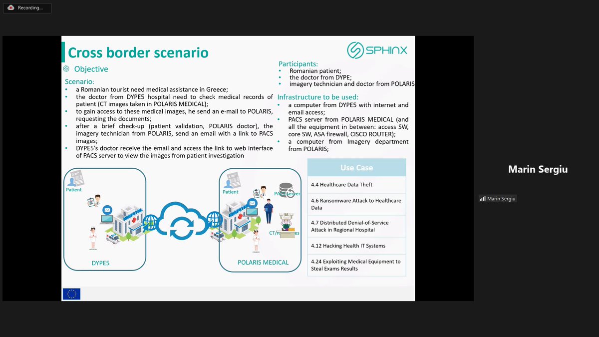 ProjectSphinx's tweet image. #workshop updates 🔴
IT manager from Polaris Medical, Sergiu Marin, is presenting the 2nd pilot deployment of #sphinx_toolkit components on an international scenario consisting of 2 hospitals in Greece & Romania.
#EU #H2020 #CyberSecurity #healthcare