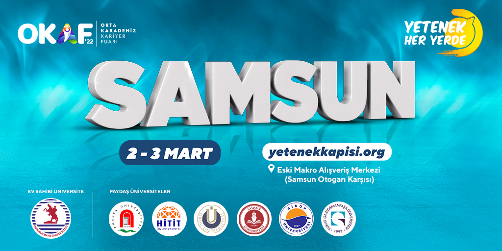 Sevgili gençler! #yetenekheryerde kariyer fuarı iş/staj fırsatları, mülakatlar ve etkinliklerle sizleri 2-3 Mart’ta Samsun'a bekliyor. 
Detaylı bilgi ve başvuru 👉yetenekkapisi.org’da. @tccbiko <a href="/yetenekheryerde/">Yetenek Her Yerde</a> <a href="/okafresmi/">Orta Karadeniz Kariyer Fuarı</a>