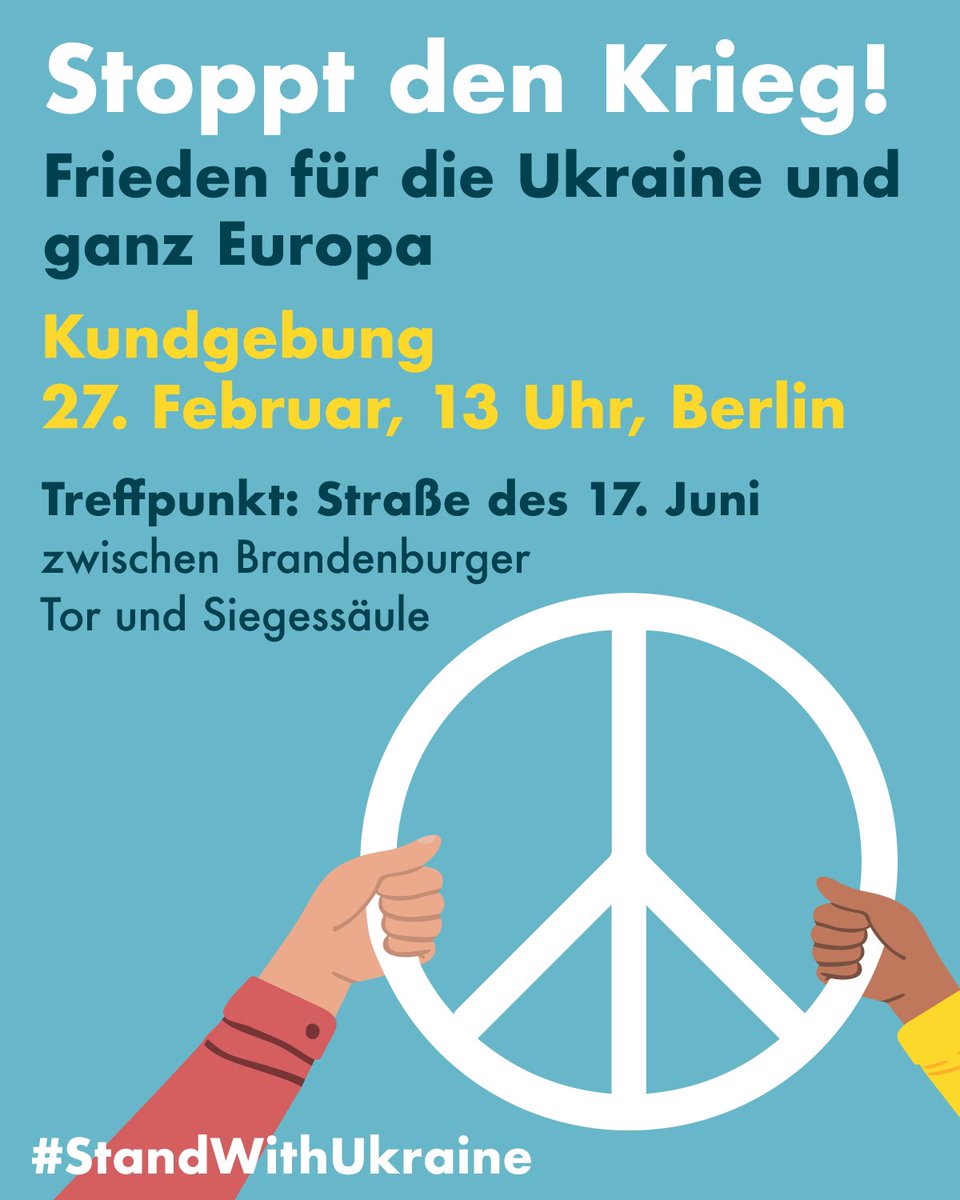 ⚠️27. Februar, 13 Uhr ⚠️

Wir sind solidarisch mit den Menschen in der Ukraine. Gemeinsam wollen wir gegen den russischen Angriffskrieg auf die Straße gehen um zu zeigen, dass die deutsche Zivilgesellschaft an der Seite der ukrainischen Bevölkerung steht. 

#StandWithUkraine