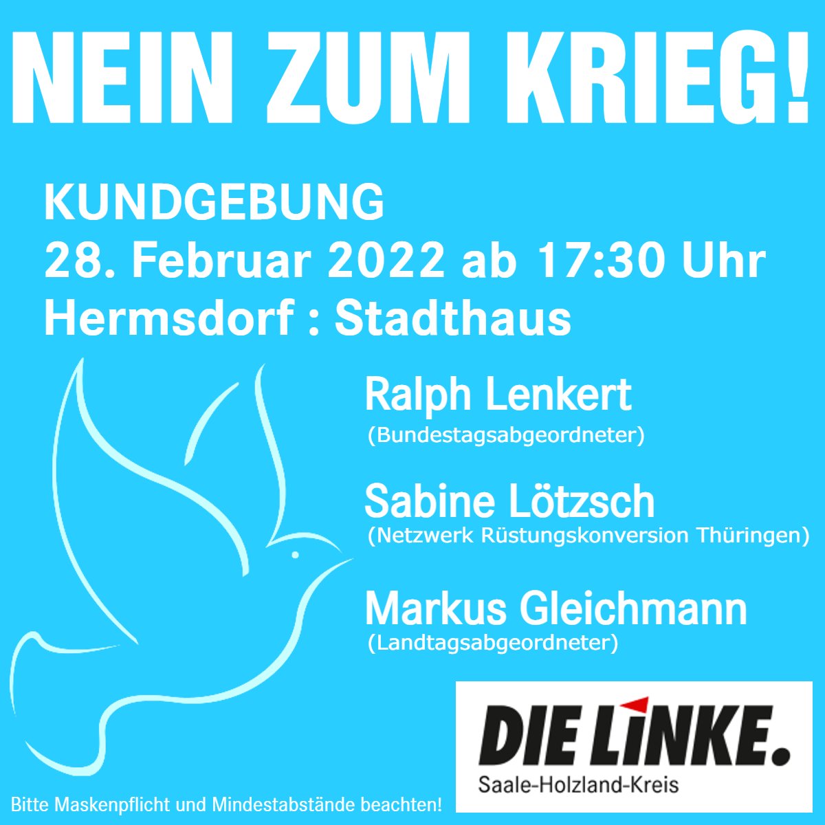 Die LINKE. #SaaleHolzlandKreis ruft zur #Friedenskundgebung am 28. Februar um 17.30 Uhr nach #Hermsdorf - Platz vor dem Stadthaus

otz.de/regionen/eisen…