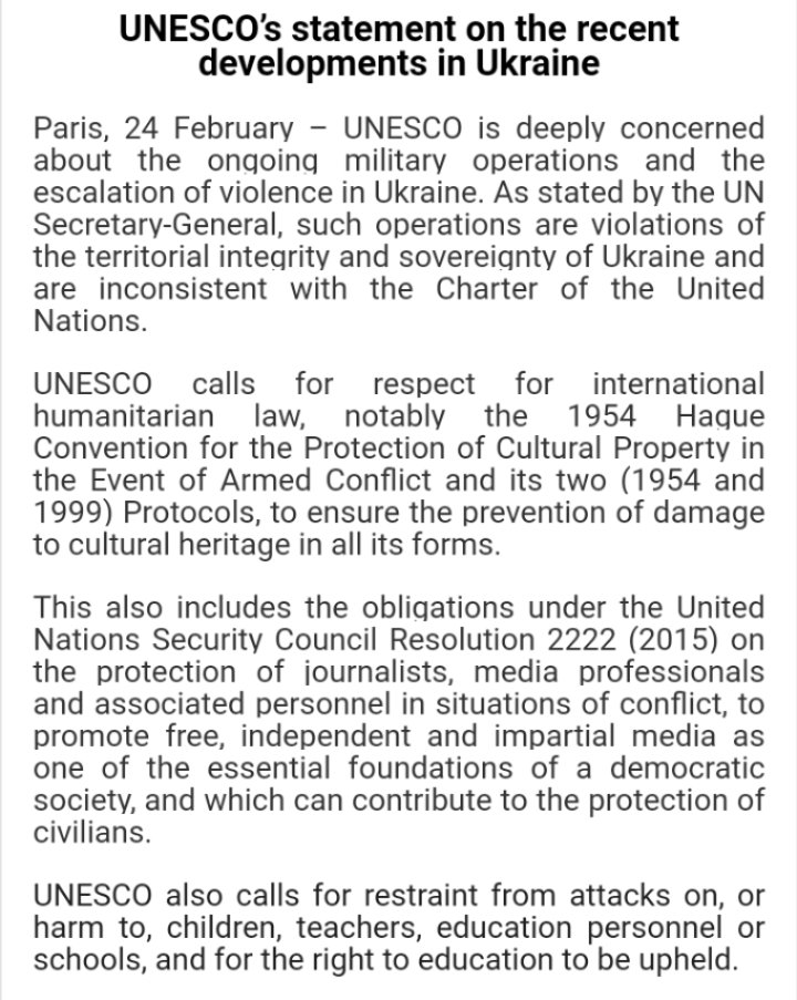 UNESCO is deeply concerned about the ongoing military operations &amp; escalation of violence in #Ukraine.

We call for respect for Int'l humanitarian law, restraint from attacks on education, journalists &amp; the protection of cultural heritage in all its forms:
on.unesco.org/35ro2Q1