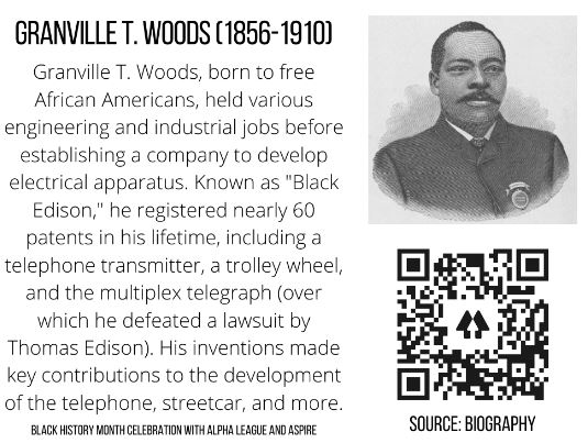 DUStudentLife's tweet photo. Black history month trivia courtesy of Alpha League &amp; ASPIRE. 
Known as "Black Edison," Granville Woods was an African American inventor who made key contributions to the development of the telephone, streetcar &amp; more.
#DUit https://t.co/8DzfYPVUzF