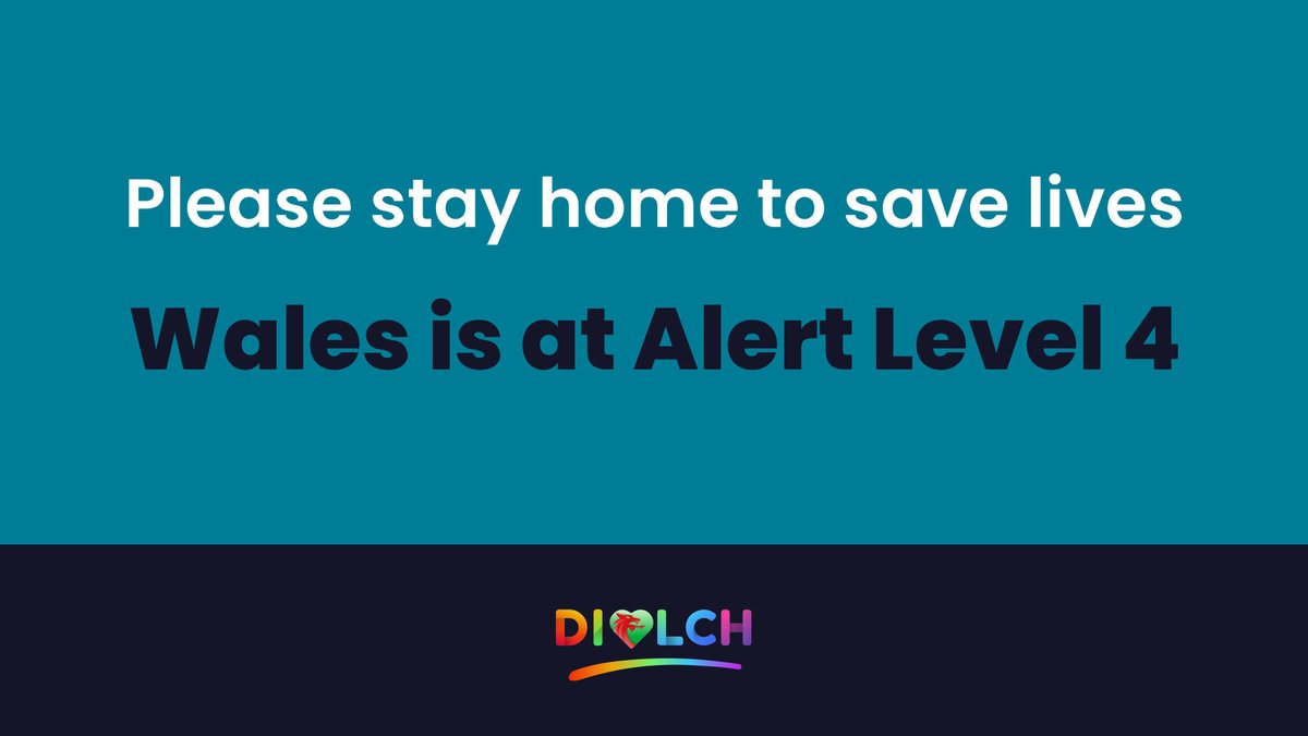 DiolchWales's tweet image. Because of Coronavirus Wales is at Alert Level 4. 

Social distance.
Wear a 3 layer face mask.
Stay at home.
No extended households.
Meet only your household or support bubble.
Work from home if you can.
Don&apos;t travel without reasonable excuse.

 #AlertLevel4