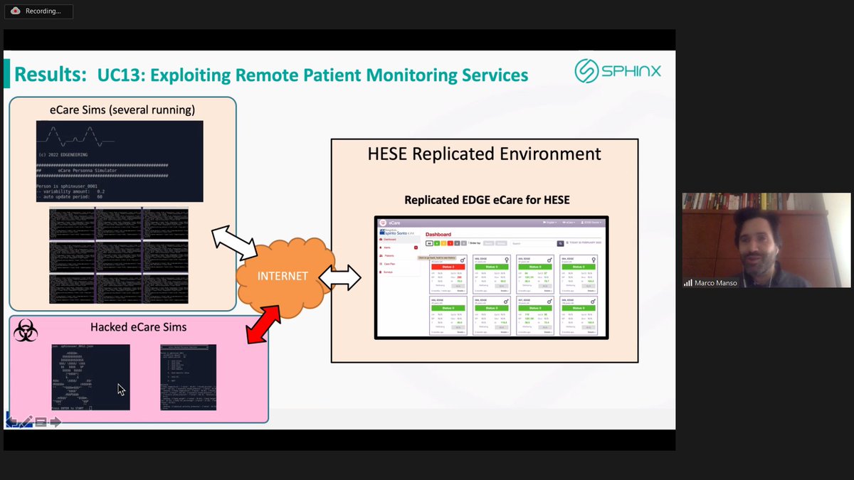 ProjectSphinx's tweet image. #workshop updates 🔴
The Innovation Director of EDGE, Marco Manso, is showcasing the pilot deployment of #sphinx_toolkit in an environment that simulates a remote patient monitoring #cyberattack scenario.
#EU #H2020 #CyberSecurity #healthcare