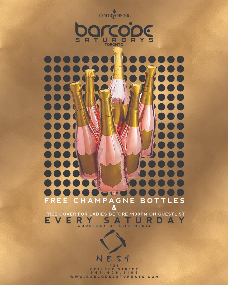 FREE CHAMPAGNE BOTTLES &amp; FREE COVER FOR LADIES EVERY SATURDAY before 1130pm inside BARCODE SATURDAYS!!! Toronto's Biggest &amp; Longest Running Party!!!
Text (647) 408-1186 to get on the guestlist