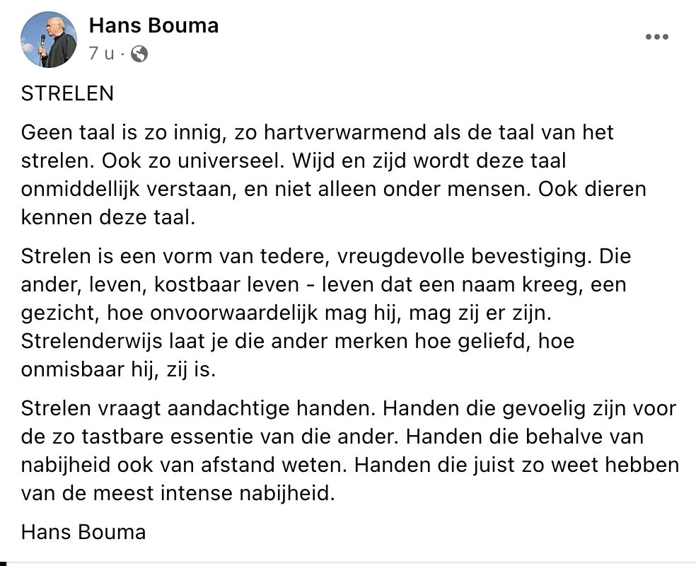 HansBoumaDomine's tweet photo. Geen taal is zo innig,
zo hartverwarmend als de taal van het #strelen
Ook zo universeel
Wijd en zijd wordt deze taal onmiddellijk verstaan
en niet alleen onder mensen
Ook dieren kennen deze taal
Strelen is een vorm van tedere, vreugdevolle bevestiging..
HB
https://t.co/RkG8VqoZQG https://t.co/Tnf6UwaHXC