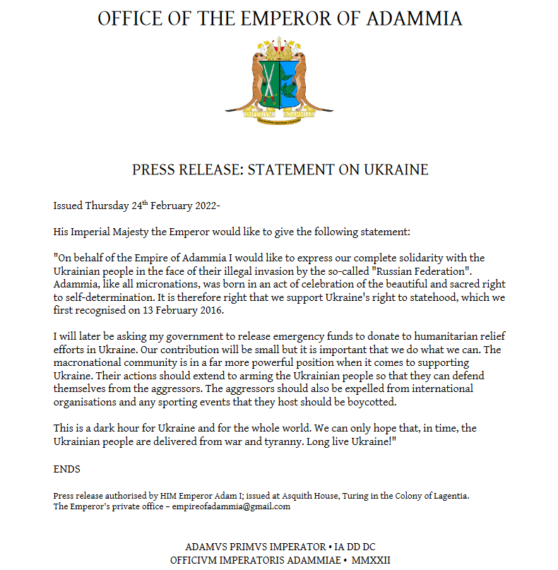 Press release: statement from the Emperor. We stand with <a href="/Ukraine/">Ukraine / Україна</a>