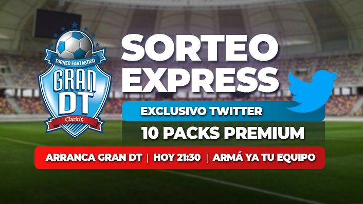 ⚽🔥 HOY a las 21:30 #ArrancaGranDT y traemos este #SORTEO express de 10 PACKS PREMIUM.

¿CÓMO PARTICIPAR? 📌 #Fácil
1⃣ Seguí a <a href="/GranDToficial/">⚽️ Gran DT</a> 
2⃣ Twitteá con el hashtag #ArrancaGranDT 
✅ ¡Y LISTO! Podés participar hasta las 17 de hoy.

Armá tu equipo en grandt.com.ar