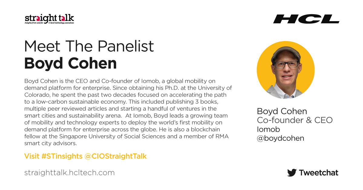 Meet Boyd Cohen <a href="/boydcohen/">Boyd Cohen</a>, Co-founder &amp; CEO, <a href="/iomob_net/">Iomob - The Internet of Mobility</a>. He spent the past two decades focused on accelerating the path to a low-carbon sustainable economy. Visit bit.ly/3E2jPz6 to join the #Tweetchat. #STinsights