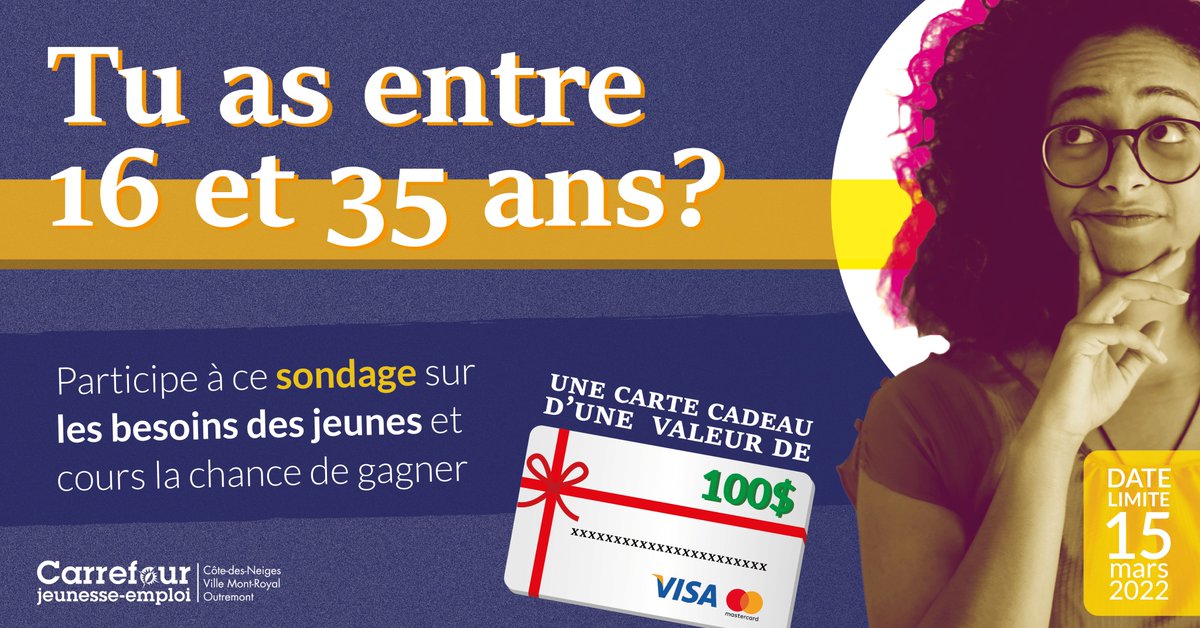 CJECDN's tweet photo. Vous avez entre 16 et 35 ans ? Courez la chance de gagner une carte cadeau d’une valeur de 100$, à utiliser comme le vous souhaitez.😆
Rdv sur notre page Facebook ou Instagram pour voir les détails du concours. 
https://t.co/EO2p5MPzHT
https://t.co/fQuIMhgVKu

#CONCOURS #prize https://t.co/NJvr13KsCf