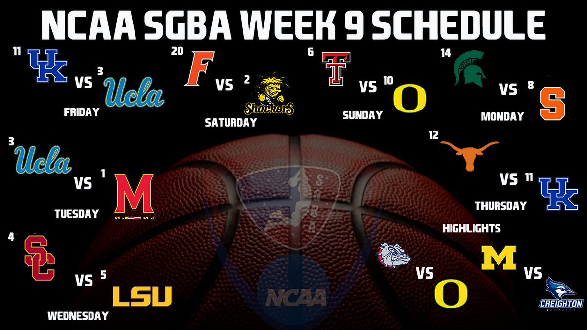 Morning SGBA Nation.  We tip off NCAA Week 9 tomorrow night at 8pm (est) with a full slate of 7 games.  Here's a look at the matchups and days they will be premiering on YouTube. #SGBA #NCAA #ncaabasketball #esport #eSports #PS5 #NBA2K