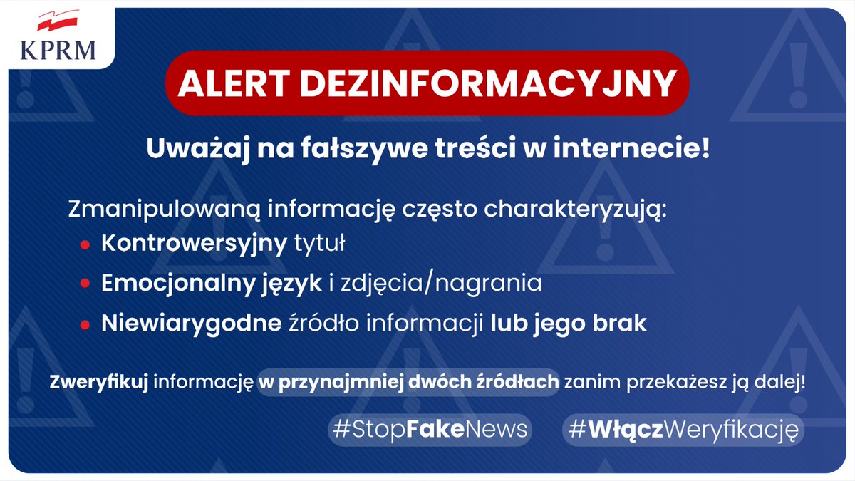 PremierRP's tweet photo. ⛔ALERT DEZINFORMACYJNY⛔

🔍Zweryfikuj informacje, zanim przekażesz dalej. Bądź świadomym użytkownikiem internetu❗️

#StopFakeNews #WłączWeryfikację https://t.co/KqaZ03YcrC