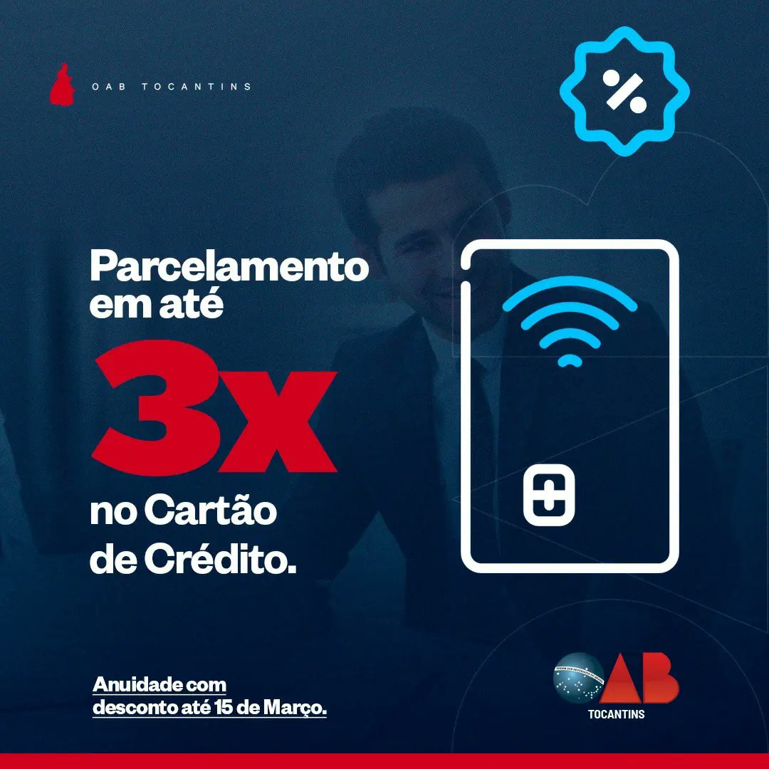 OABTocantins's tweet photo. DESCONTÃO ANUIDADE 💱⚖

Tudo que você paga de anuidade retorna em benefícios para você. A OAB/TO está com uma tabela de desconto e parcelamento especiais até o dia 15/03. Confira!. https://t.co/MAixeyV18N

#OABTocantins https://t.co/Tjj5Kgra0C