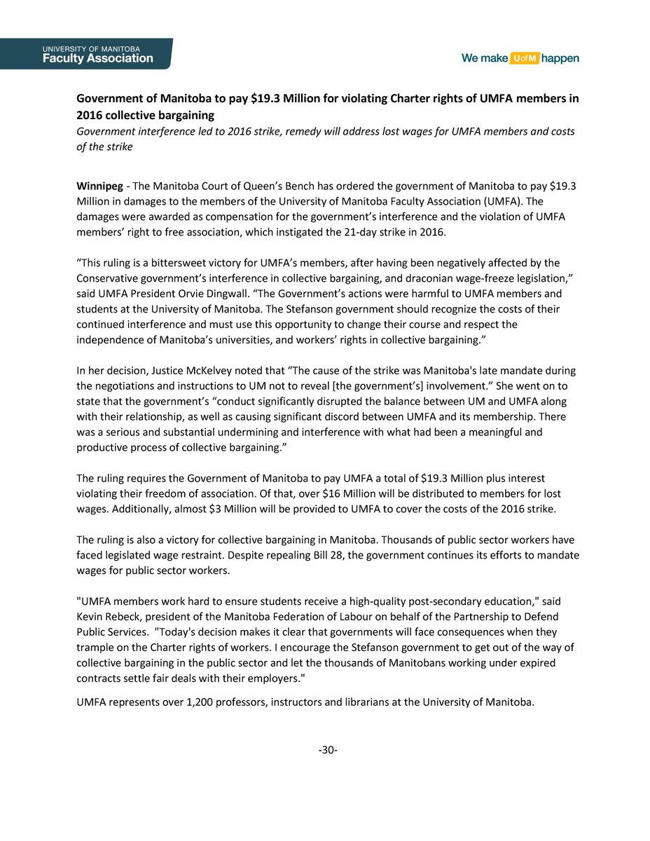 Government of Manitoba to pay $19.3 Million for violating Charter rights of UMFA members in 2016 collective bargaining: bit.ly/3JNSqTq