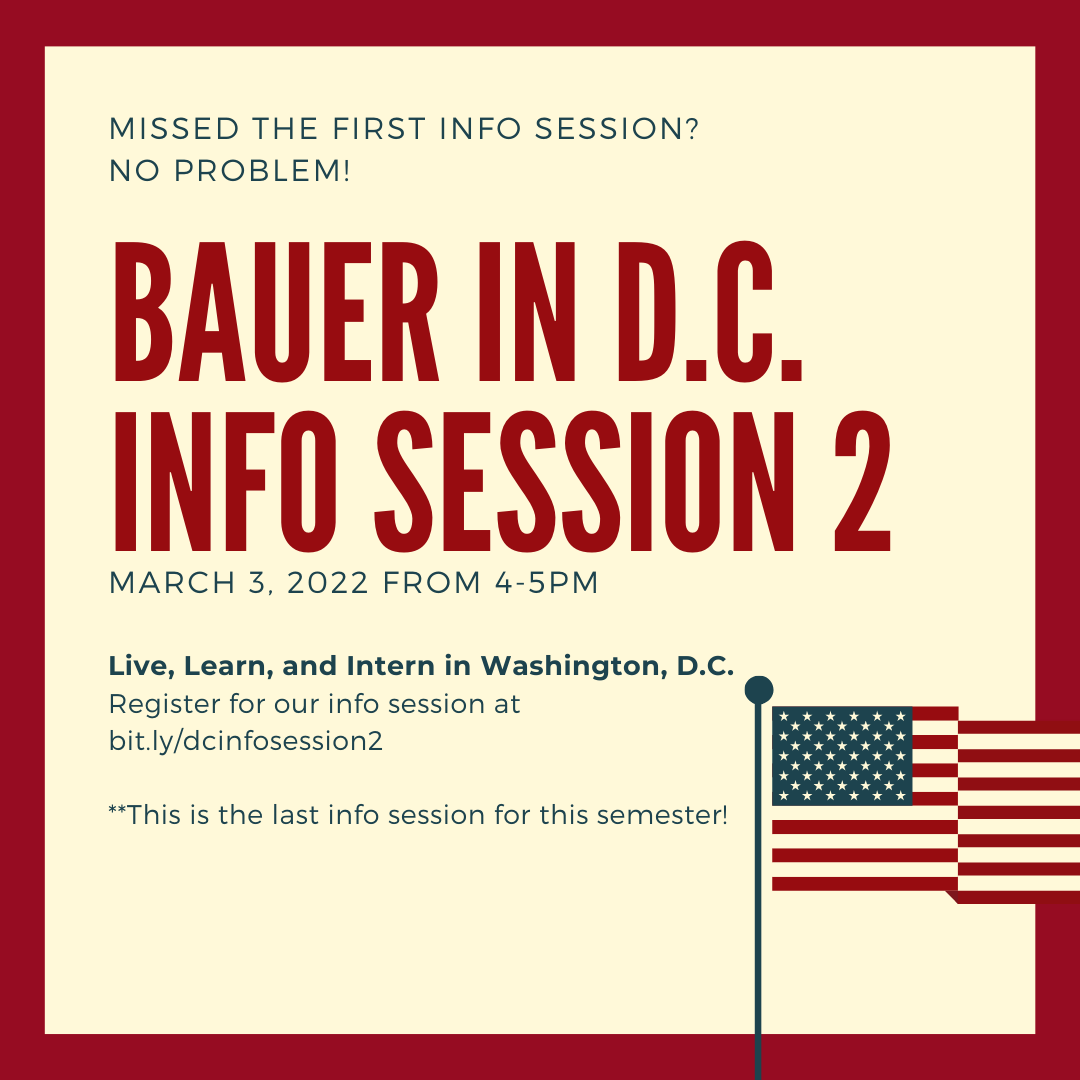 UHBauerHonors's tweet photo. We are 1 week away from our final Bauer in DC Info Session of the semester! This will be the last info session before applications are due on March 31st. Please register for the info session at https://t.co/DNfakJAPwd https://t.co/2DipgSMr3l