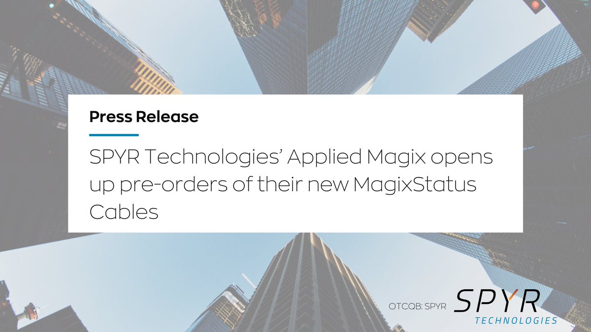 SPYRInc's tweet photo. SPYR Technologies’ @AppliedMagix opens up pre-orders of their new MagixStatus Cables

Read the full news release here: https://t.co/oQW40M3fCf $SPYR https://t.co/si2cAhcnrs