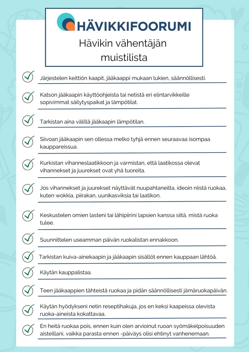 havikkifoorumi's tweet photo. Ruokahävikin taklaamiseen on monenlaisia keinoja. Joko nämä hävikkiä vähentävät rutiinit ovat teillä käytössä? 👇 
#hävikkifoorumi #ruokahävikki #muistilista https://t.co/JlbaUzKMwX