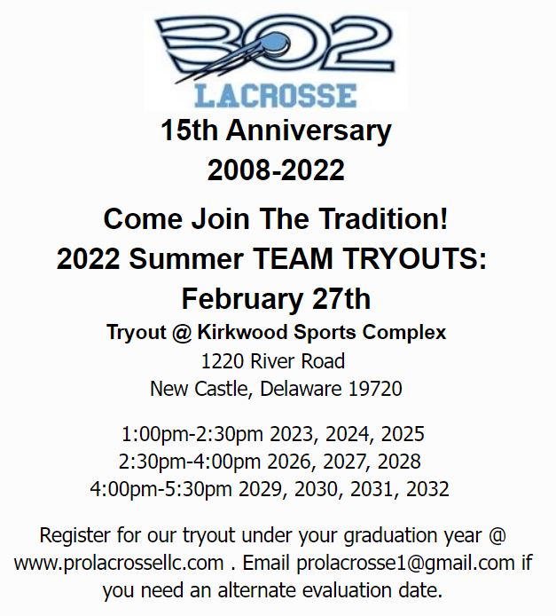 Registration open for <a href="/team302Lacrosse/">302 Lacrosse</a> Summer Team tryouts Feb. 27 at Kirkwood Sports Complex - bit.ly/3HImH50