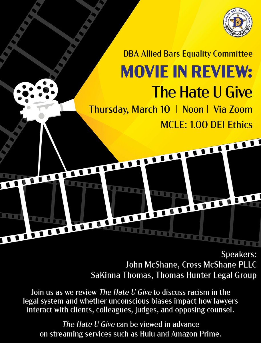 Join the DBA Allied Bars Equality Committee's Movie in Review CLE: The Hate U Give. Speakers: John McShane & SaKinna Thomas. Ethics 1.00 (pending). *Qualifies as 2022 DBA DEI challenge CLE.  https://t.co/3zap0jItDK #diversityandinclusion #dei #ethics https://t.co/3DGhlQVINc