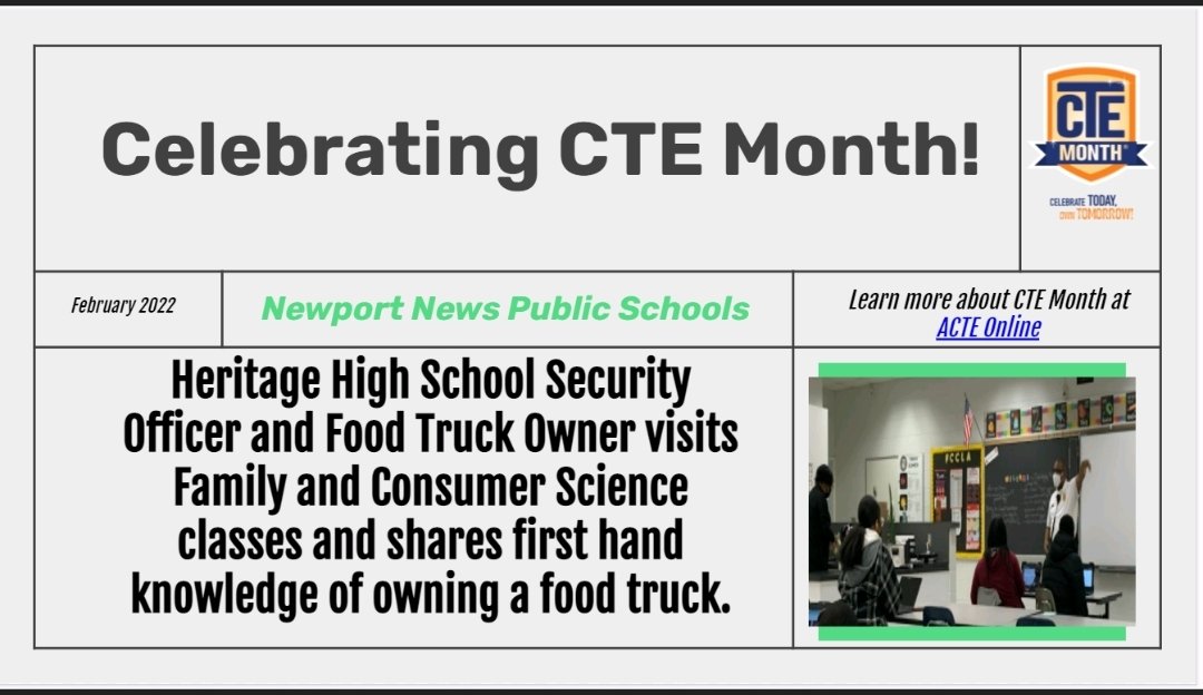 NNPS CTE (@nnpscte) on Twitter photo <a href="/HeritageHS/">Heritage High School</a> celebrating #CTEMonth with entrepreneurship presentations and guest speakers. <a href="/HeritageHS/">Heritage High School</a> celebrating #CTEMonth with entrepreneurship presentations and guest speakers.