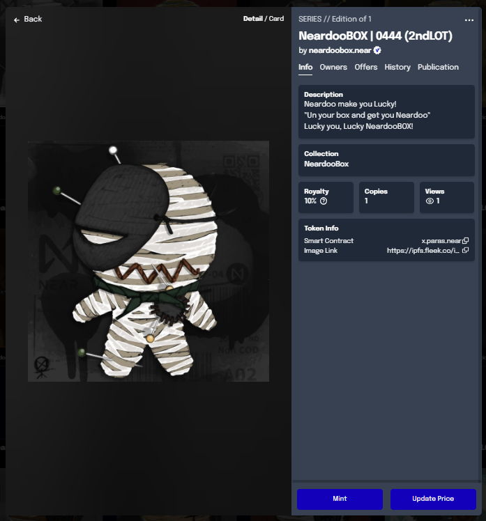 NeardooB's tweet photo. Neardoo (2ndLOT) (0444)
Available for Now!
https://t.co/LzY0usIBx5
#NFT #NFTs #NFTThaicommunity #paras #PARASnft
#NFTART $Near #paras #NEAR #NEARprotocol #NEARnft https://t.co/vwhRmFUaSH