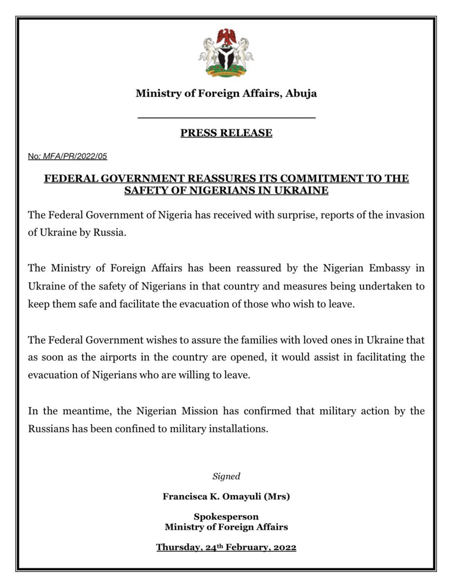 BashirAhmaad's tweet photo. PRESS STATEMENT: “The Ministry of Foreign Affairs has been reassured by the Nigerian Embassy in Ukraine of the safety of Nigerians in that country and measures being undertaken to keep them safe and facilitate the evacuation of those who wish to leave.” https://t.co/TvkFHZZ3An