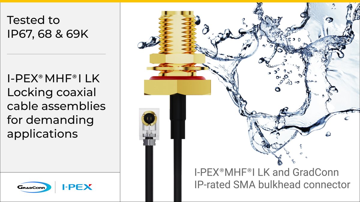GradConn_Ltd's tweet photo. Ultimate shock, vibration, dust &amp; water protection

Our Nautilus range of IP67/IP68 SMA coaxial cable assemblies is now available with latching I-PEX MHF® I LK micro connectors - ideal for applications where connection integrity is paramount. https://t.co/NJl6HLlyTU

#gradconn https://t.co/EpUJt0xTzw