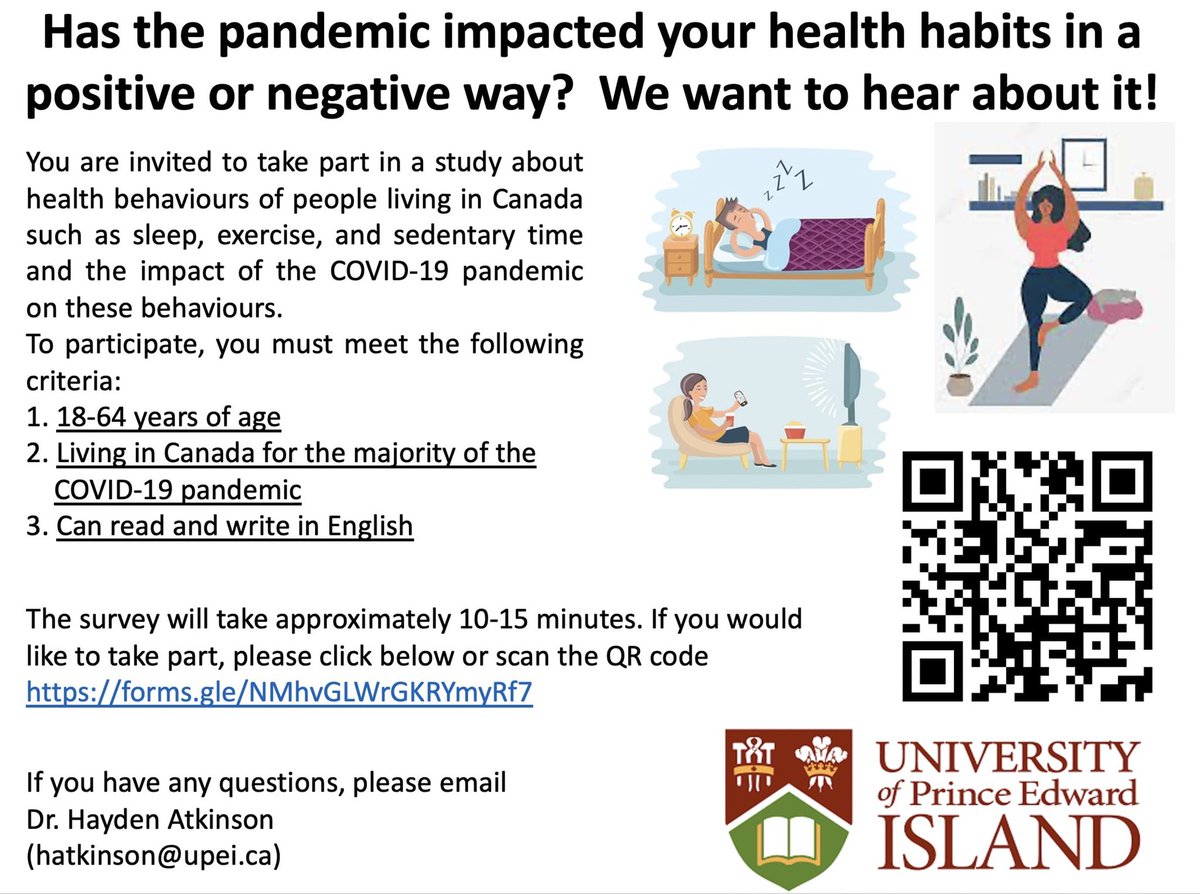 Have your exercise, sleep, or sedentary habits changed compared to before the pandemic? Yes? No? We want to hear about it! Click the link or scan the QR code to complete our survey on any device. Participation and retweets are MUCH appreciated!

forms.gle/NMhvGLWrGKRYmy…