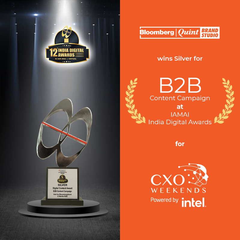 NDTVProfitAlpha's tweet photo. Thrilled to share that BloombergQuint Brand Studio won Silver for B2B Content Campaign at the IAMAI #IDA2022 for our work on CXO Weekends, powered by Intel. Thank you (@intel) Merkle B2B -- yet another winning branded content partnership! #12IDA #13IDA https://t.co/itUN8B7Kww