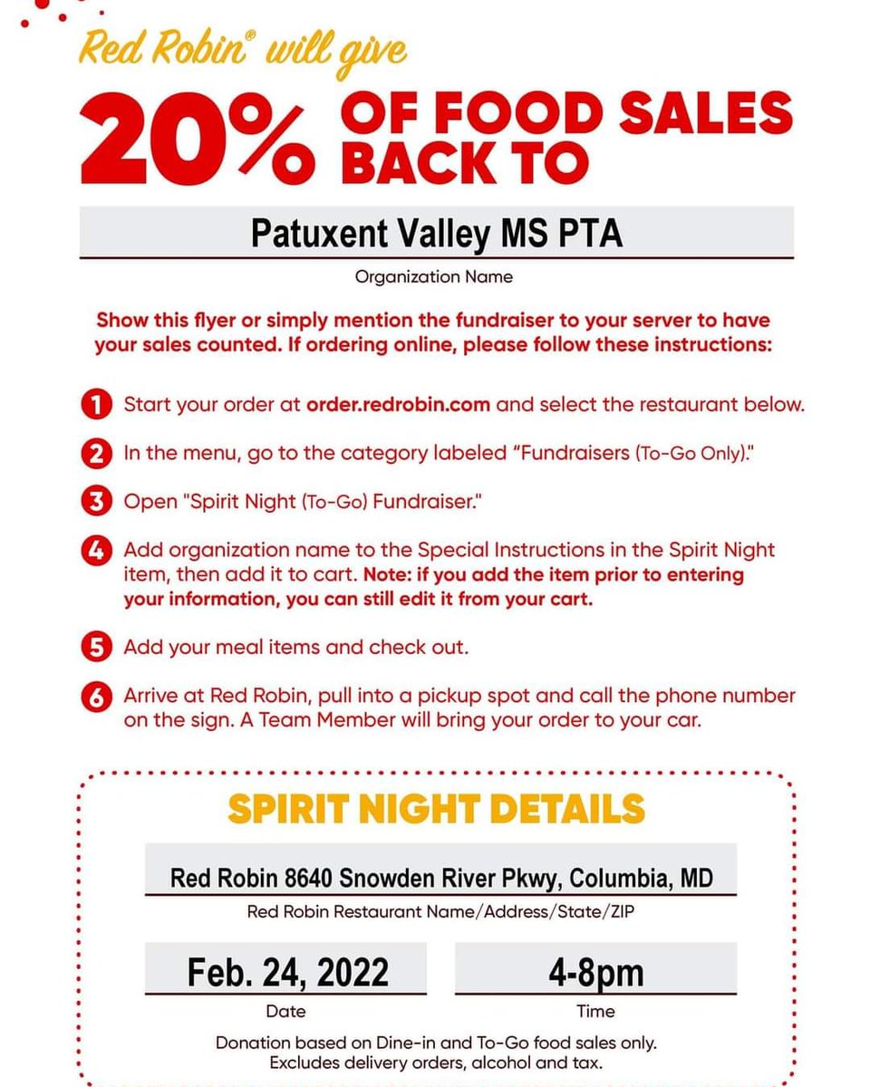 pvmspta's tweet photo. TONIGHT! Come on out and help support PVMS! Dine in or carryout only! 4-8pm

Show this flyer or simply mention the fundraiser to your server to have your sales counted.

If ordering online, see flyer and order at
 https://t.co/mmjgI5mIat

@hcpss_pvms https://t.co/hL6bxOgzB0