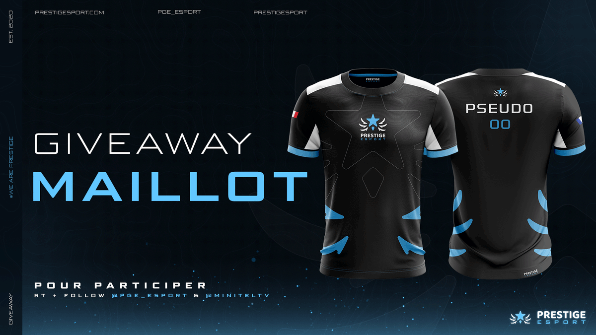 PGE_Esport's tweet photo. 🎁 GIVEAWAY maillot Prestige Esport🎁

Pour fêter notre participation à l'étape 2 et notre nouveau partenariat, nous vous offrons un maillot !

Pour participer :
- RT
- Follow @PGE_Esport et @MinitelTv 

⏳ TAS : 27/02  18h

#PGE #OTF2022 https://t.co/M0KNhgW6Ud