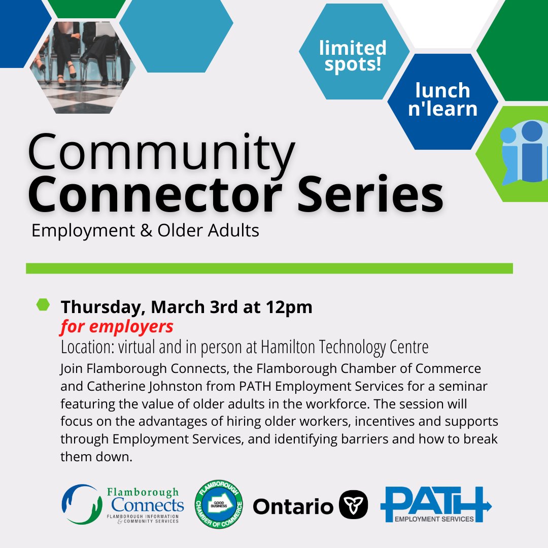 Only one week away from the Community Connector Series: Employment &amp; Older Adults part 2 for employers! Don't forget to register for this in-person lunch n'learn to reserve your spot (virtual attendance also possible!). 

Reserve your spot here: flamboroughchamber.ca/events/#!event…