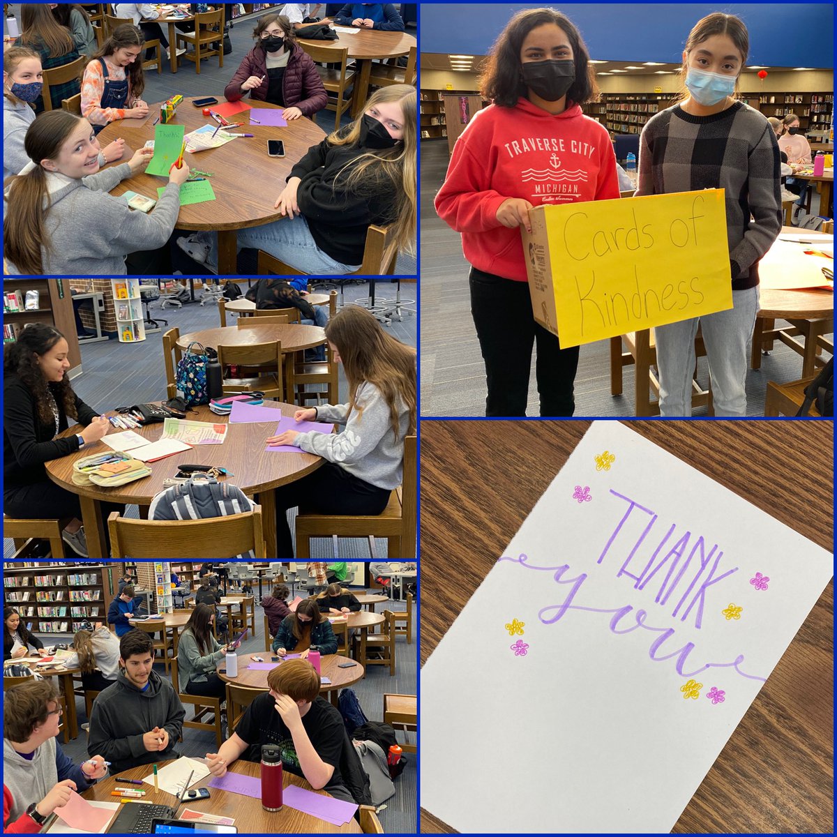 OlatheSouthLMC's tweet photo. Another fantastic morning in the library with the โFriends of Rachel Clubโ making kindness cards. If youโd like to thank an OS group or individual, the drop off box will be in the library for the next few days. @OlatheLMS @OlatheSouthHS #FriendsofRachel #kindness https://t.co/MBBQ76rdqG