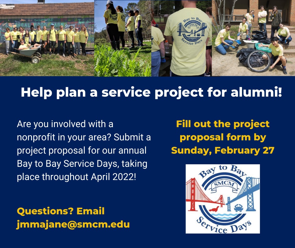 SMCM_alumni's tweet photo. The deadline for submitting a Bay to Bay Service Project is this Sunday, February 27. Organize a community project in your area and spread some SMCM spirit! Access the form here: https://t.co/g0DIwm23lo.
#smcm #smcmalumni #stmarysway #SeahawkProud https://t.co/OkA2F883QJ