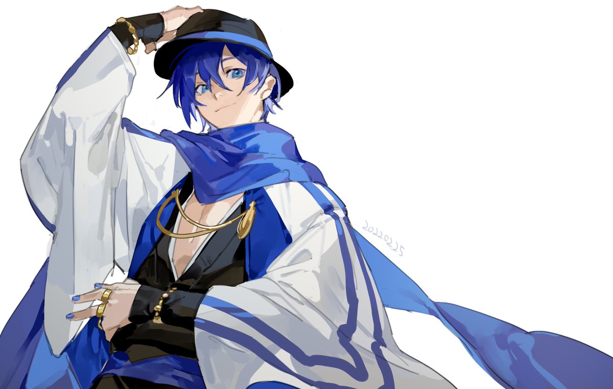 kaito (vocaloid) 1boy male focus blue nails blue eyes blue hair blue scarf scarf  illustration images