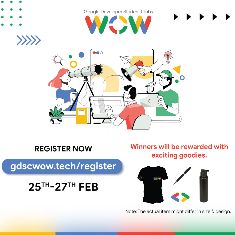 gdscwow's tweet photo. 🥁 GIVE AWAY ALERT 🥁
Finally the wait is over 🤩
GDSC WoW is here!! 

Quote this tweet, adding your excitement for #gdscwow, tag two of your friends to register and use hashtags #getsetwow &amp; #developerstudentclubs 

Register here if you haven't yet - https://t.co/rnQ84oGgh5 https://t.co/FDtUymZ5C2