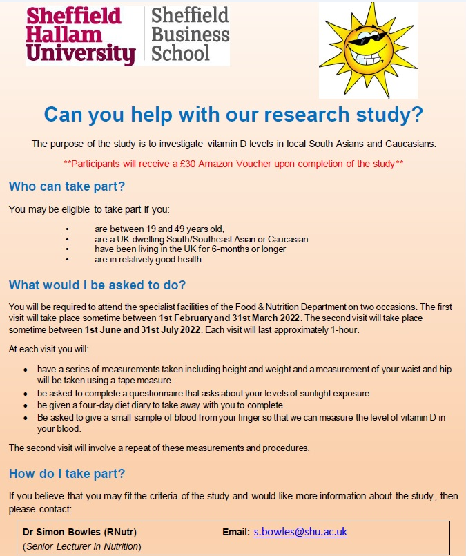 SimonBowles7's tweet photo. Can you help with our vitamin D research study? 

If you are a South Asian or South East Asian living in or around Sheffield you might be able to take part... https://t.co/39FvZ4Sv9R