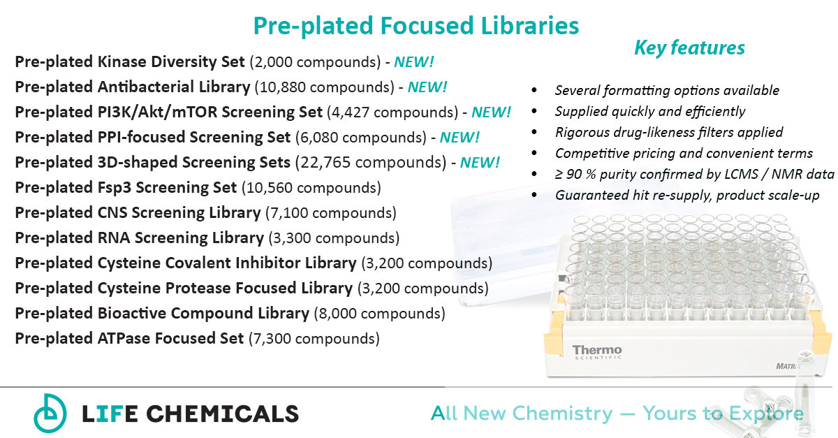 Life_Chemicals's tweet photo. We're offering our new Pre-plated Screening Libraries for HTS &amp; HCS: 3D-shaped, Antibacterial, PPI, Kinase Diversity Sets.

💡 Info: https://t.co/n2xJVdP3ff
📧 marketing@lifechemicals.com for details &amp; quotations

Explore also Pre-plated Diversity Sets https://t.co/KaD1tMWSAm https://t.co/VoQ6wpkon7