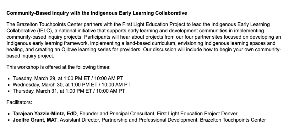 FiLiEdProj's tweet image. We partnered w/ @BrazeltonTouchp to create the Indigenous Early Learning Collaborative, a nat'l #NativeECE initiative generating community-based inquiry! We share our Y1 work at the #BTC Nat'l Forum 3/29 - 3/31...join us!

brazeltontouchpoints.org/2022-national-…

#IndigEarlyLrngCollab
#ECE
#IELC