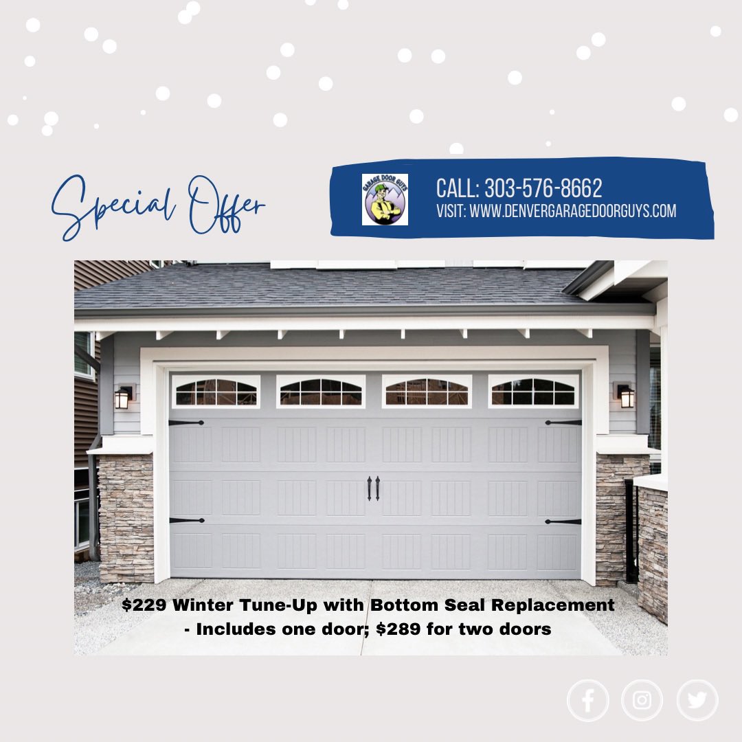 Safeguard your garage door from cold-weather stress.

#denvergaragedoorguys #garagedoormaintenance #garagedoorservices #wintermaintenance #weatherstripping #garagedoorbottomseal #garagedoortuneup #denver