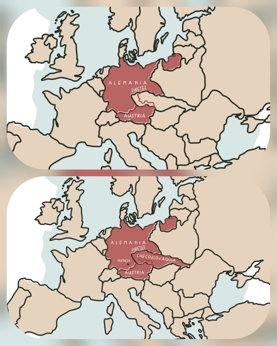 En 1938, Alemania reclamaba territorios de Checoslovaquia muy próximo a sus fronteras donde vivía una mayoría de etnia alemana. Los países, por miedo a represalias, accedieron. Un año después, conquistaba toda Checoslovaquia ¿Os suena de algo? Y así empezó todo...
