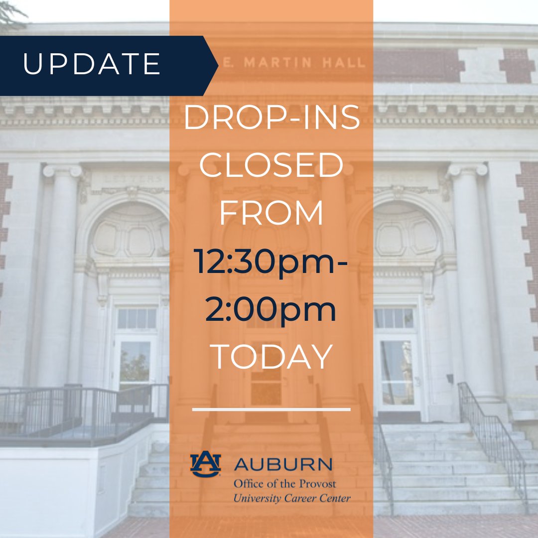 The University Career Center is closing drop-ins today from 12:30pm-2:00pm. Our staff will be participating in a professional development opportunity during this time.