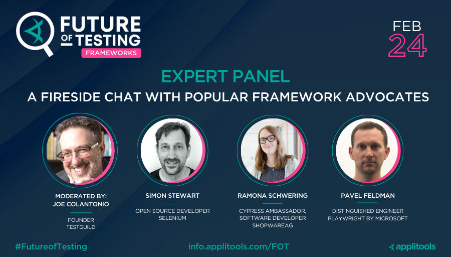 We saved the best for last at #FutureofTesting!

This expert panel with <a href="/shs96c/">Simon Mavi Stewart</a> <a href="/pavel_feldman_/">Pavel Feldman</a> <a href="/leichteckig/">Ramona Schwering</a> and moderated by <a href="/joecolantonio/">Joe Colantonio</a> begins NOW!

You don't want to miss it 🔥 
applitools.info/4v8
