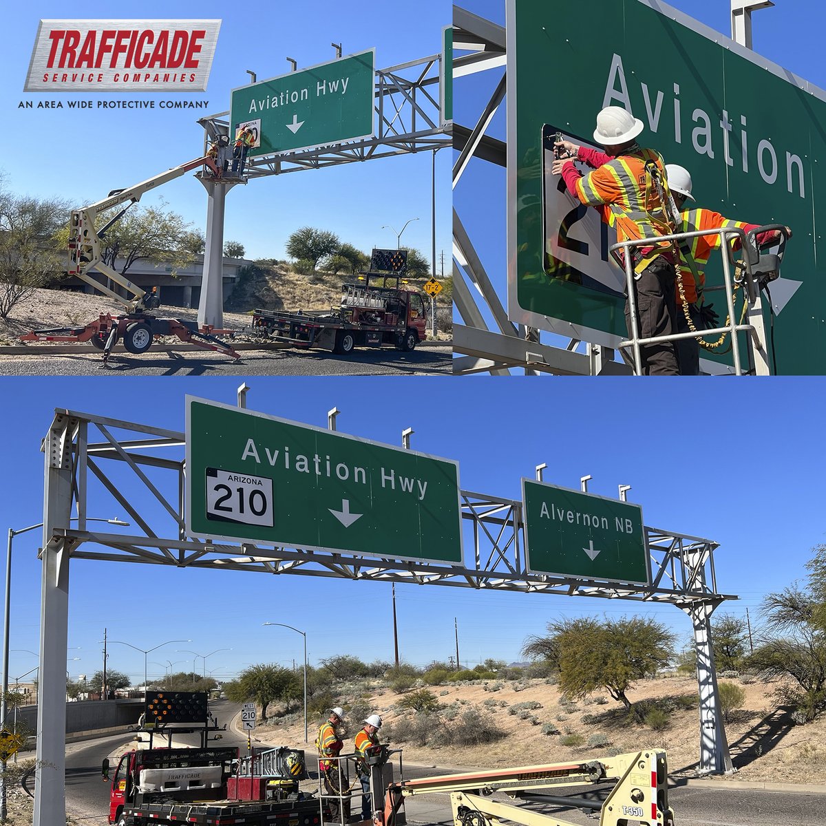 trafficade's tweet photo. Trafficade Signs &amp; Sales Tucson division crew recently installed a new (SR 210) plaque onto existing overhead extruded sign panels on the westbound on-ramp to Aviation HWY.
#signs #signshop #roadsigns #highwaysigns #signinstallation #workzonesafety #trafficade https://t.co/wYWTJJd4fN