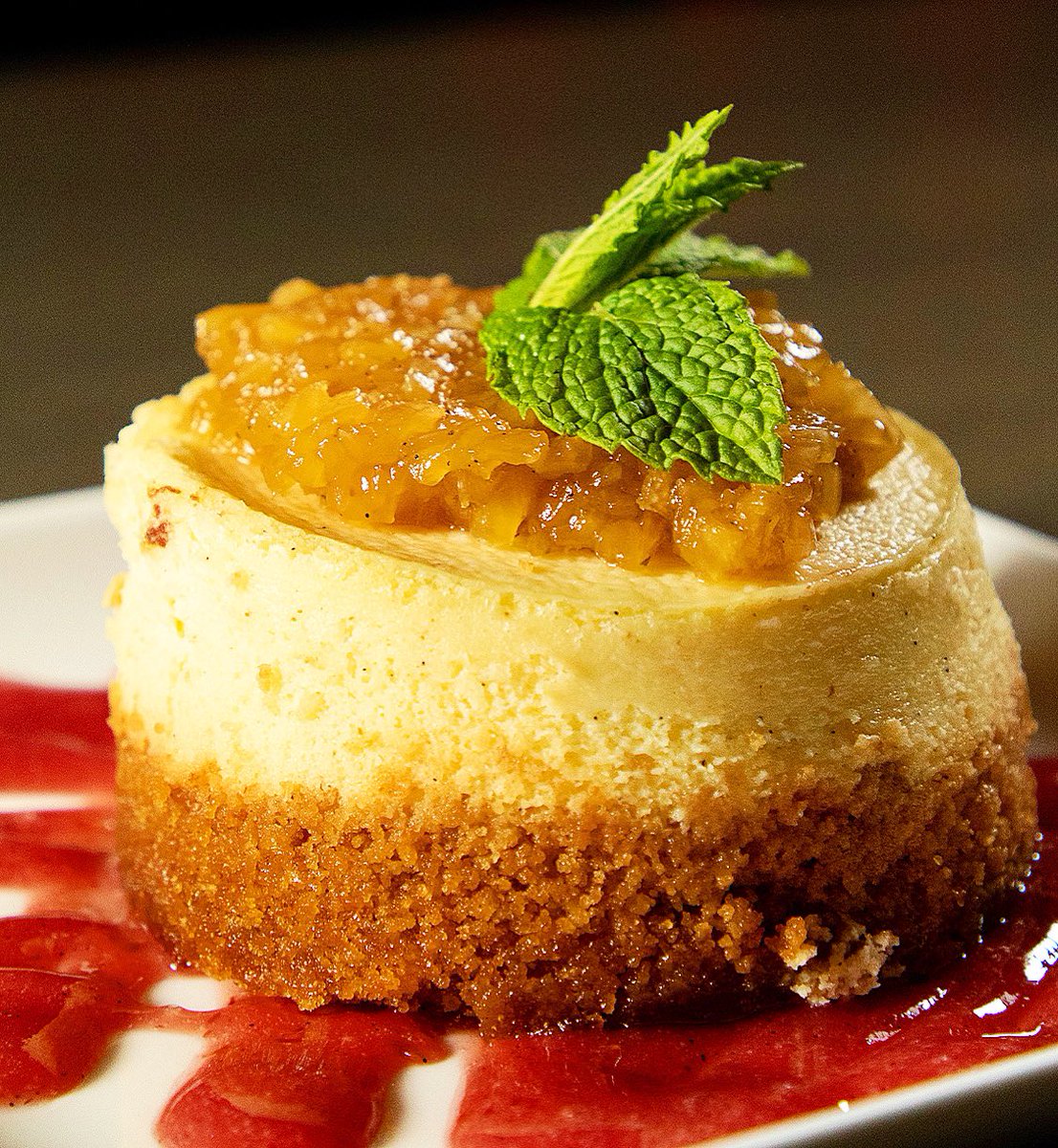 🍰 Enjoy the #AsiaSF DESSERT COURSE - Green Tea Cheesecake - Graham cracker crust, topped with pineapple compote, drizzled with raspberry lychee sauce 💖#JustDesserts